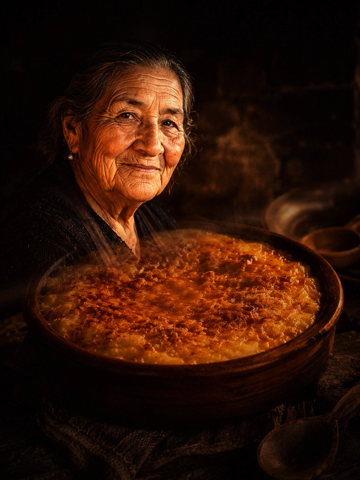 Retrato de Rosa Elena sobre un pastel de choclo recién salido del horno