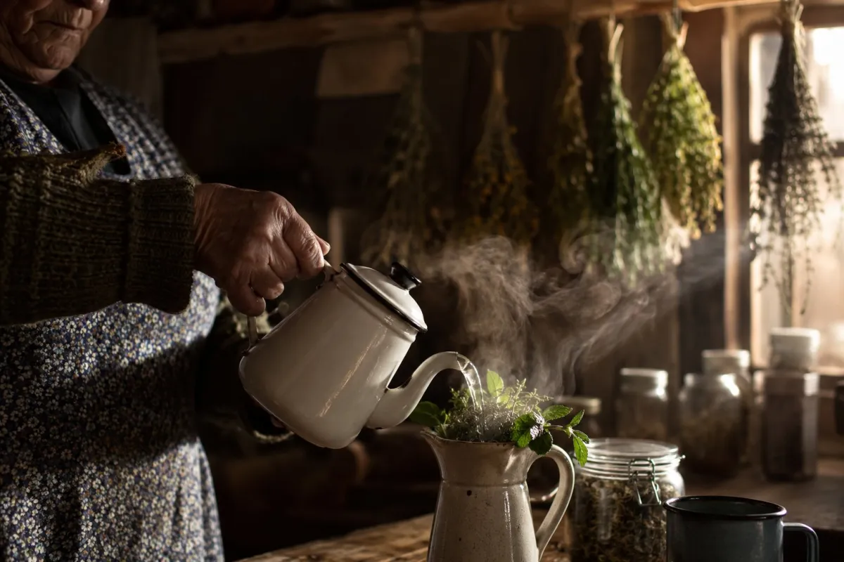 Manos de una mujer mayor sirviendo una agüita de yerbas en un jarro enlozado, con ramos de yerbas secas colgando en una cocina de campo