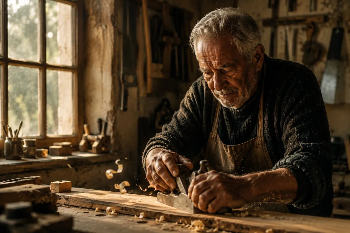 Maestro carpintero mayor cepillando una tabla de madera en su taller, con viruta en el aire y la luz natural de la ventana