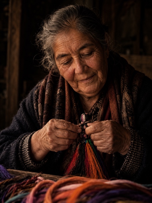 Manos de una artesana tejiendo figuras diminutas en crin de colores