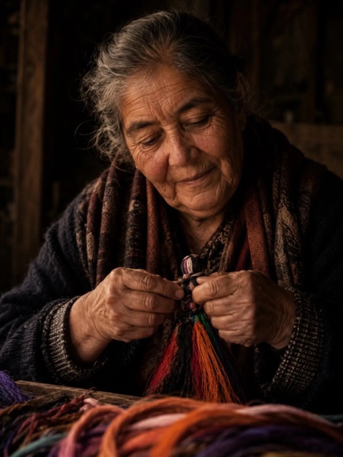 Manos de una artesana tejiendo figuras diminutas en crin de colores