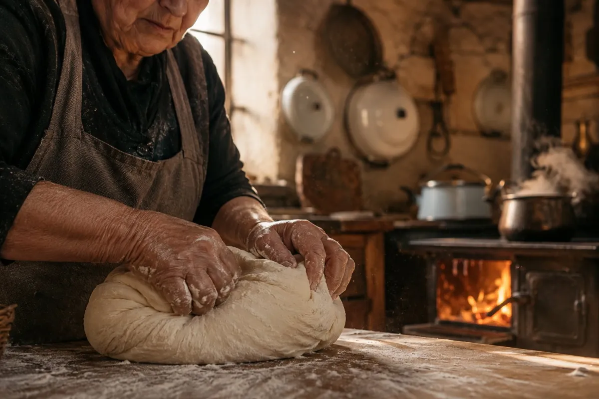 Cocinera de campo trabajando junto a su cocina a leña