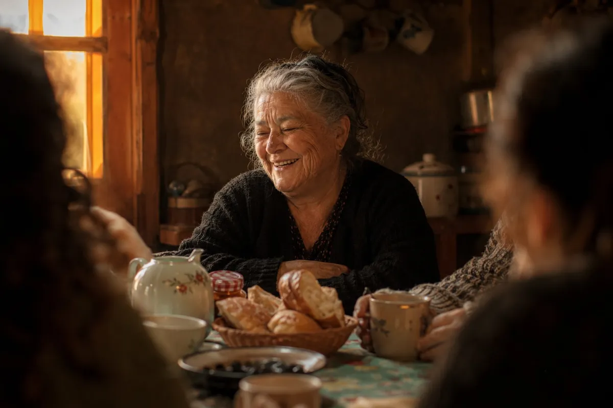 Persona mayor sonriendo mientras conversa con su familia alrededor de una mesa con té y pan amasado, en un hogar chileno de luz cálida