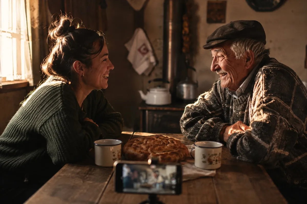 Una nieta joven conversa con su abuelo en la mesa de la cocina, con un teléfono grabando entre las tazas de té bajo la luz cálida de la tarde