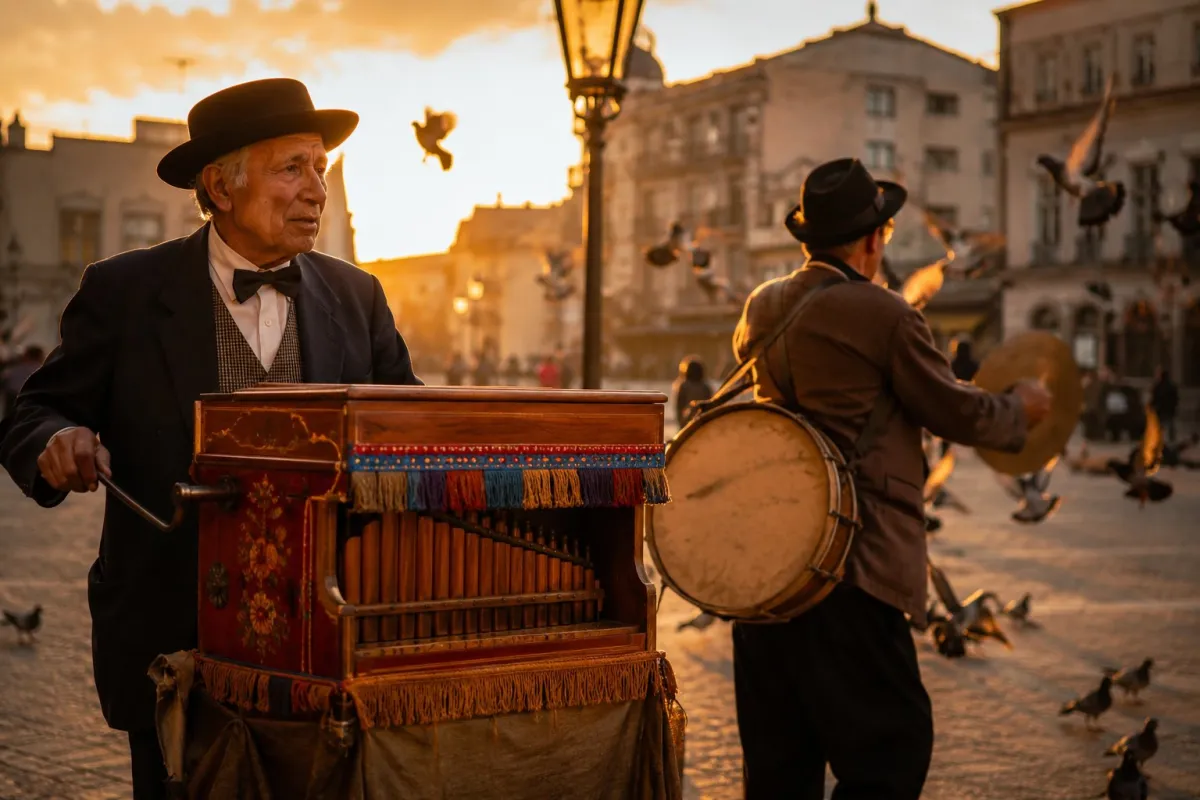 Organillero mayor girando la manivela de su organillo de madera junto a un chinchinero con el tambor a la espalda, en una plaza chilena al atardecer