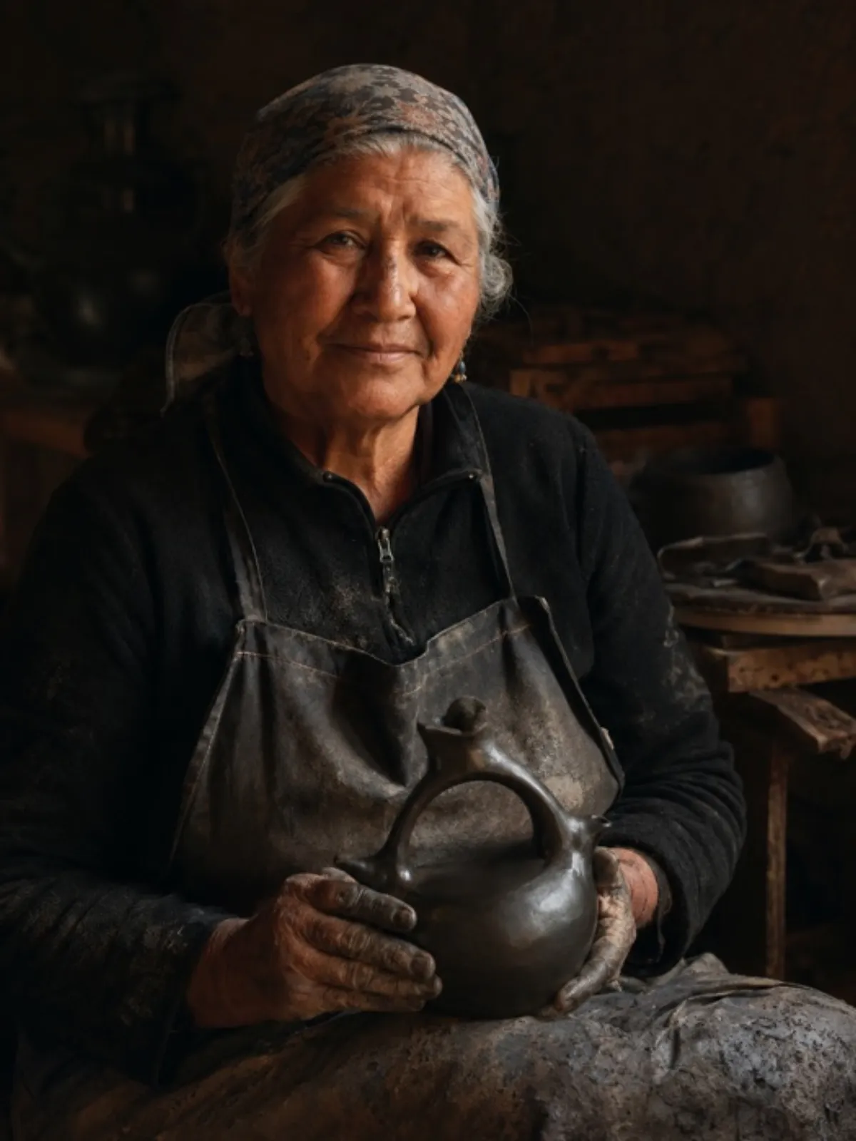Alfarera de Quinchamalí dando forma a una pieza de greda negra con sus manos