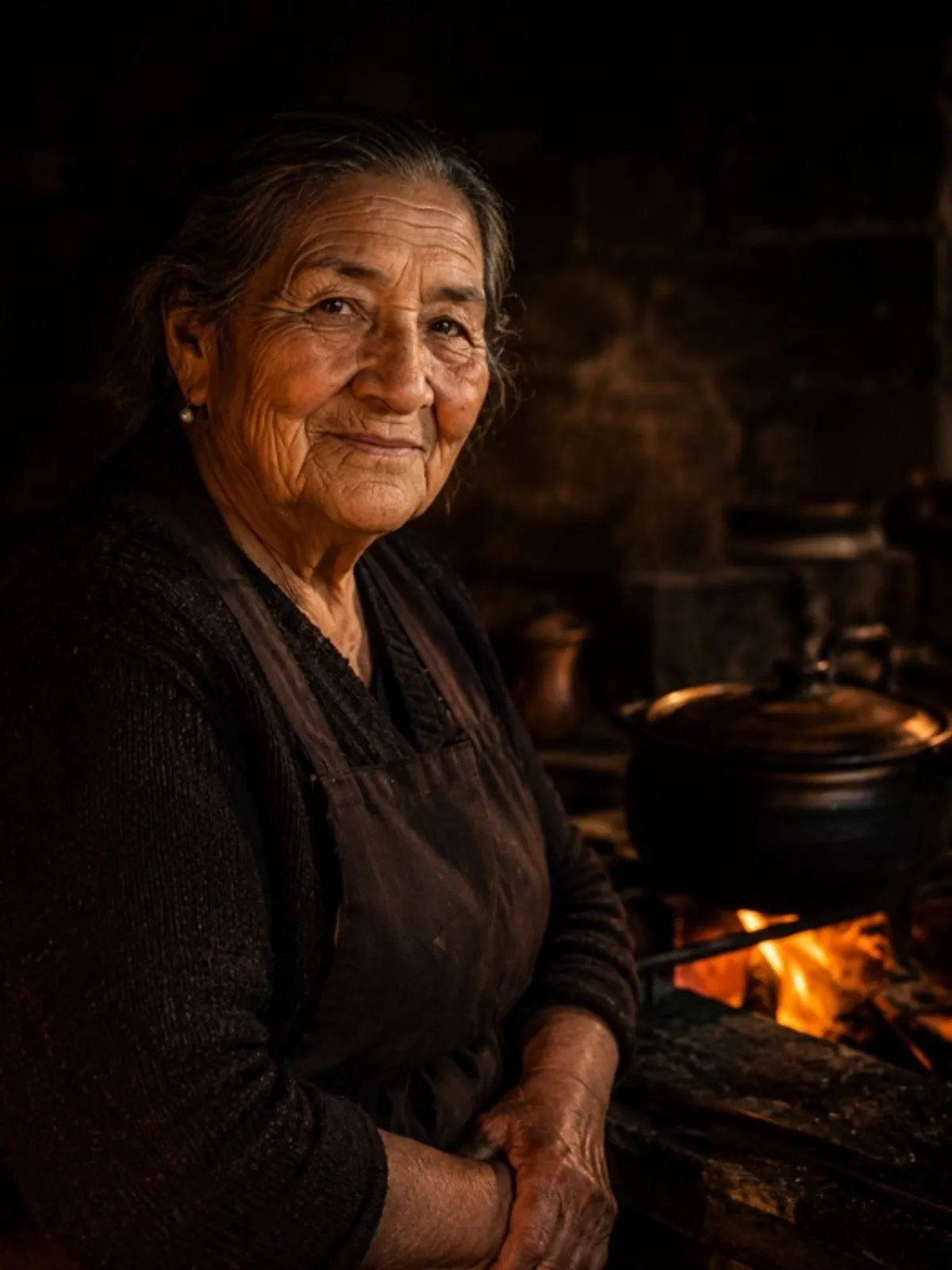 Cocinera tradicional chilena preparando comida junto a su cocina a leña