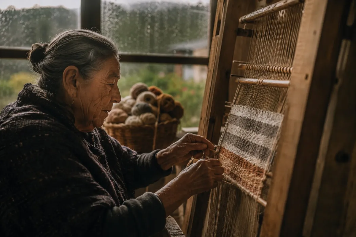 Tejedora mayor trabajando en un telar de madera con lana en tonos crudos y tierra, junto a una ventana en una casa del sur de Chile