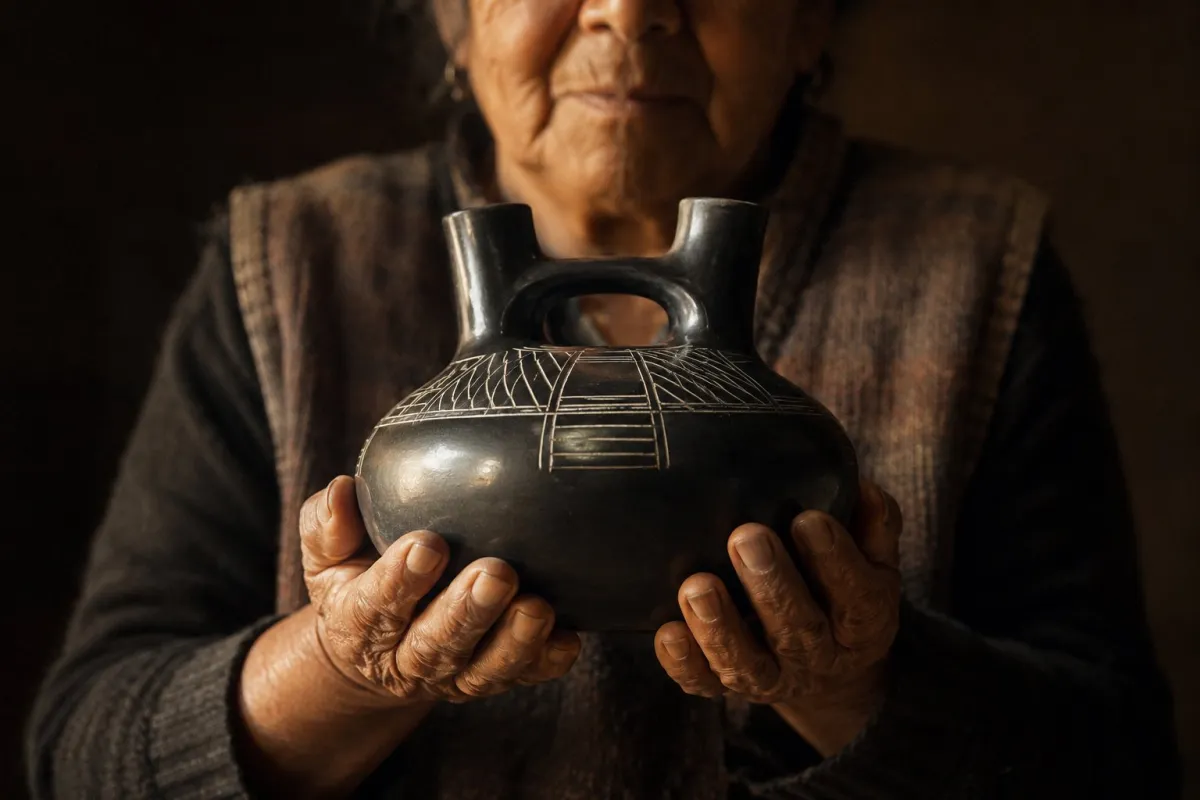 Manos de una maestra artesana mayor sostienen con orgullo una pieza de greda terminada bajo la luz cálida de su taller